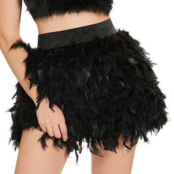 Miuco Sexy Natural Feather Skirts for Women Party Tutu A-Line Mini Skirt Black