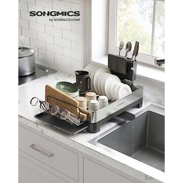 SONGMICS Dish Drying Rack, Premium Stainless Steel Dish Rack with Rotatable Spout, Fingerprint-Resis...