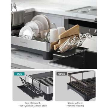 SONGMICS Dish Drying Rack, Premium Stainless Steel Dish Rack with Rotatable Spout, Fingerprint-Resistant Dish Drainers for Kitchen Counter, 12.5 x 22.5 in, Silver and Black UKCS030B01