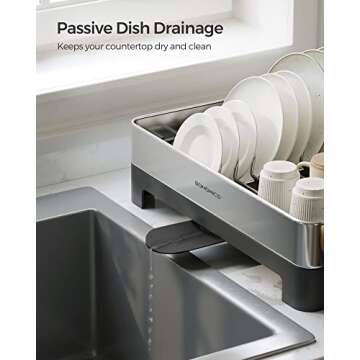 SONGMICS Dish Drying Rack, Premium Stainless Steel Dish Rack with Rotatable Spout, Fingerprint-Resistant Dish Drainers for Kitchen Counter, 12.5 x 22.5 in, Silver and Black UKCS030B01