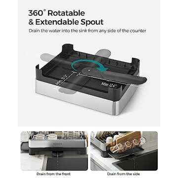 SONGMICS Dish Drying Rack, Premium Stainless Steel Dish Rack with Rotatable Spout, Fingerprint-Resistant Dish Drainers for Kitchen Counter, 12.5 x 22.5 in, Silver and Black UKCS030B01