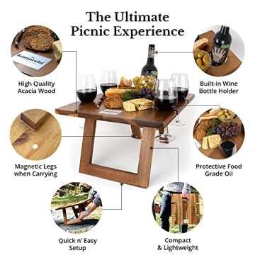 Komorebi Portable Picnic Table - Custom Acacia Picnic Tray with Wine and Champagne Holder - Low Picnic Table for Beach Picnic - Outdoor Folding Low Table - Camping Table with Cup Holders - Wine Gifts