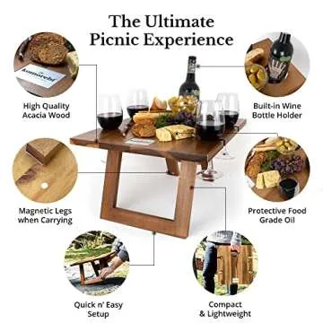 Komorebi Portable Picnic Table - Custom Acacia Picnic Tray with Wine and Champagne Holder - Low Picnic Table for Beach Picnic - Outdoor Folding Low Table - Camping Table with Cup Holders - Wine Gifts