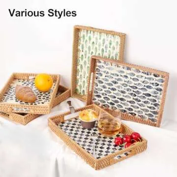 Elegant Tynulox Rectangle Rattan Tray with Mother of Pearl Inlay - Perfect for Serving & Decor