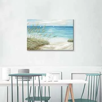 TAR TAR STUDIO Seascape Canvas Painting Wall Art: Oil Painting Style Beach Theme with Hand Painted Texture Canvas Art Wall Décor for Living Room (36" W x 24" H, Multiple Sizes)
