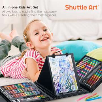 Shuttle Art 335 Piece Kids Art Set, Multi-Media Art Supplies, Gift Art Kit with Trifold Easel, 2 Drawing Pads, 2 Coloring Books, Oil Pastels, Crayons, Watercolors, Markers, Colored Pencils (Black)