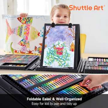 Shuttle Art 335 Piece Kids Art Set, Multi-Media Art Supplies, Gift Art Kit with Trifold Easel, 2 Drawing Pads, 2 Coloring Books, Oil Pastels, Crayons, Watercolors, Markers, Colored Pencils (Black)