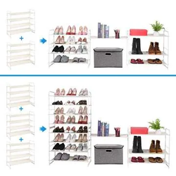 Simple Trending 4 Tier Stackable Shoe Rack, Expandable & Adjustable Fabric Shoe Shelf Storage Organizer, White