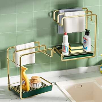 WINGSIGHT Kitchen Sink Caddy Sponge Storage with Dishcloth Rack Free Punching Wall-Mounted and Countertop Household Rag Rack Drain Rack (Black)