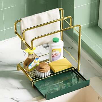 WINGSIGHT Kitchen Sink Caddy Sponge Storage with Dishcloth Rack Free Punching Wall-Mounted and Countertop Household Rag Rack Drain Rack (Black)