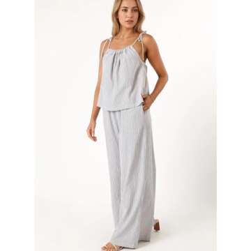 Hixiaohe Pajama Sets for Women 2 Piece Lounge Set Striped Sleeveless Tops Wide Leg Pants Matching Sets Womens Summer Outfits(White,M)