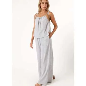 Hixiaohe Pajama Sets for Women 2 Piece Lounge Set Striped Sleeveless Tops Wide Leg Pants Matching Sets Womens Summer Outfits(White,M)