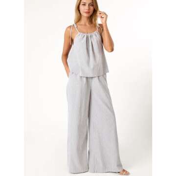 Hixiaohe Pajama Sets for Women 2 Piece Lounge Set Striped Sleeveless Tops Wide Leg Pants Matching Sets Womens Summer Outfits(White,M)