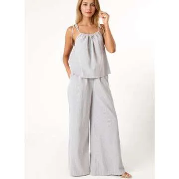 Hixiaohe Pajama Sets for Women 2 Piece Lounge Set Striped Sleeveless Tops Wide Leg Pants Matching Sets Womens Summer Outfits(White,M)