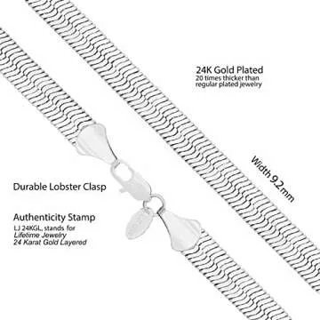 LIFETIME JEWELRY 9mm Flexible Herringbone Chain Necklace 24k Real Gold Plated (16 inches, White Gold)