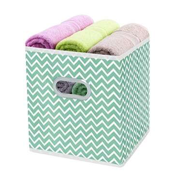 MaidMAX Cloth Storage Cubes, Cube Organizer Bins, Foldable Storage Baskets Containers with Dual Plastic Handles for Home Office Nursery Drawers Organizers, Aqua Chevron, 10.5×10.5×11 inches, Set of 6