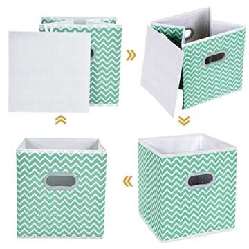 MaidMAX Cloth Storage Cubes, Cube Organizer Bins, Foldable Storage Baskets Containers with Dual Plastic Handles for Home Office Nursery Drawers Organizers, Aqua Chevron, 10.5×10.5×11 inches, Set of 6