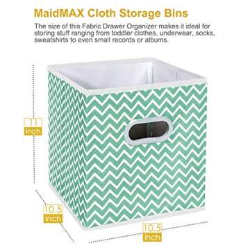 MaidMAX Cloth Storage Cubes, Cube Organizer Bins, Foldable Storage Baskets Containers with Dual Plastic Handles for Home Office Nursery Drawers Organizers, Aqua Chevron, 10.5×10.5×11 inches, Set of 6