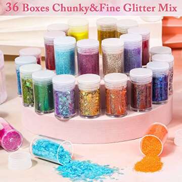 Audab Fine and Chunky Glitter Powder for Resin, Assorted Holographic Nail Sequins for Hair, Makeup, Slime, Resin Molds / Tumblers, 36 Pcs