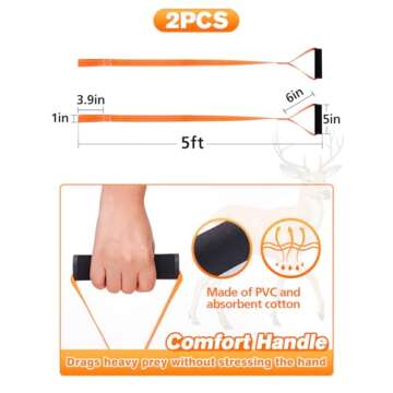 PAMASE 2pcs Deer Drag Rope - 1700lbs Load-Bearing Hunting Gear Accessories, Deer Drag Strap for Men Women Hunter Pull Deer Animal Wood, Sturdy Rope with Handle (Orange 4.92ft)