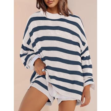 Panadila Womens Cozy Striped Lounge Set in Blue White