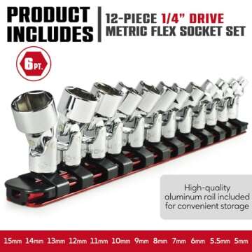 CROM Universal Flex Socket Set - 1/4 Inch Drive 6-Point 12-Piece Swivel Socket Set from 5mm to 15mm ...