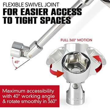 CROM Universal Flex Socket Set - 1/4 Inch Drive 6-Point 12-Piece Swivel Socket Set from 5mm to 15mm Metric - Swivel Joint for Easier Access to Tight Spaces - Aluminum Storage Rail Included