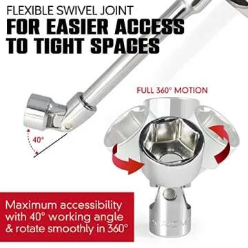 CROM Universal Flex Socket Set - 1/4 Inch Drive 6-Point 12-Piece Swivel Socket Set from 5mm to 15mm Metric - Swivel Joint for Easier Access to Tight Spaces - Aluminum Storage Rail Included