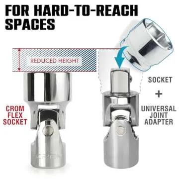 CROM Universal Flex Socket Set - 1/4 Inch Drive 6-Point 12-Piece Swivel Socket Set from 5mm to 15mm Metric - Swivel Joint for Easier Access to Tight Spaces - Aluminum Storage Rail Included