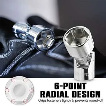 CROM Universal Flex Socket Set - 1/4 Inch Drive 6-Point 12-Piece Swivel Socket Set from 5mm to 15mm Metric - Swivel Joint for Easier Access to Tight Spaces - Aluminum Storage Rail Included