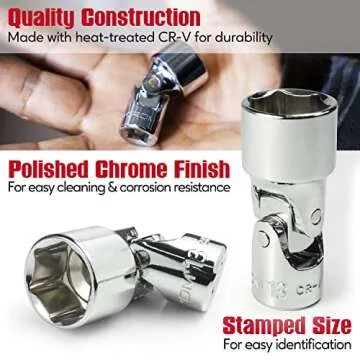 CROM Universal Flex Socket Set - 1/4 Inch Drive 6-Point 12-Piece Swivel Socket Set from 5mm to 15mm Metric - Swivel Joint for Easier Access to Tight Spaces - Aluminum Storage Rail Included