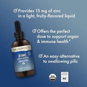 Dr. Mercola Organic Zinc Liquid Drops, 15 mg per Serving, 3.88 fl oz (115 ml), About 28 Servings, Dietary Supplement, Supports Immune and Organ Health, Non GMO, USDA Organic, NSF Certified