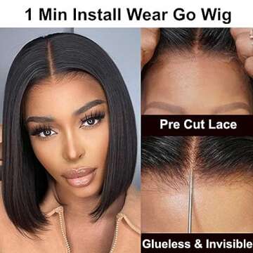 VIVIBABI 12 Inch Wear and Go Glueless Bob Wig 180% Density Glueless Wigs Human Hair 4x4 Pre Cut Lace Closure Human Hair Bob Wigs Pre Plucked for Black Women Natural Hairline 180% Density