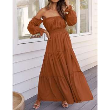 ZESICA Women's 2025 Boho Sexy Off Shoulder Long Sleeve Smocked High Waist Side Split Flowy A Line Tiered Long Maxi Dress,Caramel,Large