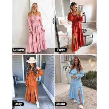 ZESICA Women's 2025 Boho Sexy Off Shoulder Long Sleeve Smocked High Waist Side Split Flowy A Line Tiered Long Maxi Dress,Caramel,Large