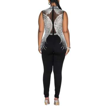 Jigfar Women Sexy Sparkly Rhinestone Mesh See Through Bodycon Jumpsuit Party Club Night Outfits Play...