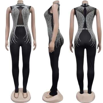 Jigfar Women Sexy Sparkly Rhinestone Mesh See Through Bodycon Jumpsuit Party Club Night Outfits Playsuits(F6931,Black,XXL)
