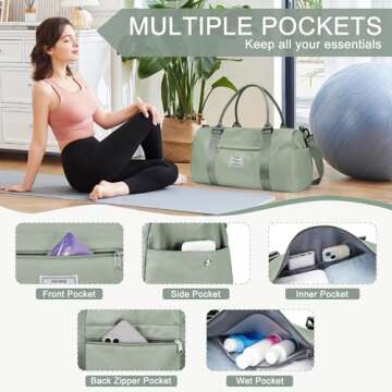 Gym Bags for Women Men with Shoes Compartment,Sports Duffle Bags Personal item travel Duffel Bags Tote Bag Small Carry on Weekender Overnight Bag Workout Dance Bag Hospital Holdalls Grey Green