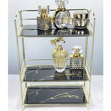 Simmer Stone 3 Tier Makeup Perfume Organizer Shelf, Cosmetic Storage Corner Shelf with Removable Glass Tray, Wire Vanity Organizer Rack for Dresser, Countertop, Bathroom and More (Gold)