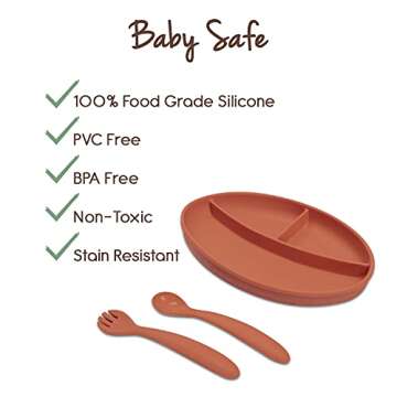 Little Twig Unbreakable Silicone Feeding Set | 6 PC Tableware Non-Toxic BPA & PVC Free Dishwasher Microwave Safe Includes Strong Suction Plate, Bowl, Spoon, Fork, Bib, Travel Bag Clay (LTWG-FS02-12)