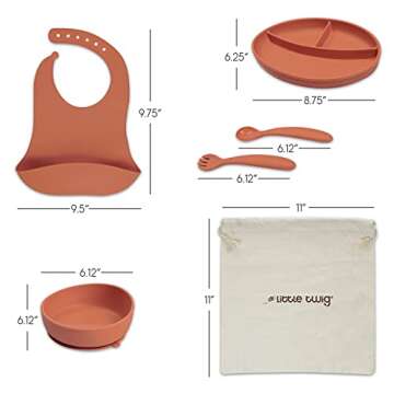 Little Twig Unbreakable Silicone Feeding Set | 6 PC Tableware Non-Toxic BPA & PVC Free Dishwasher Microwave Safe Includes Strong Suction Plate, Bowl, Spoon, Fork, Bib, Travel Bag Clay (LTWG-FS02-12)