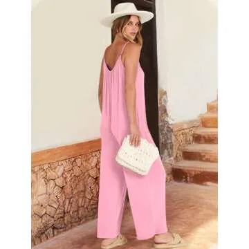 ANRABESS Women Summer Casual Sleeveless Spaghetti Strap Boho Wide Leg Jumpsuits Rompers Dressy 2025 Trendy Outfits Clothes Pink Small