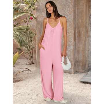 ANRABESS Women Summer Casual Sleeveless Spaghetti Strap Boho Wide Leg Jumpsuits Rompers Dressy 2025 Trendy Outfits Clothes Pink Small