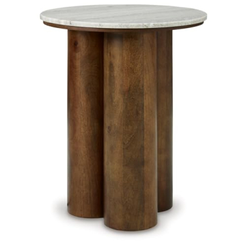 Signature Design by Ashley Henfield Contemporary Accent Table with Beige Marble Top and Brown Legs