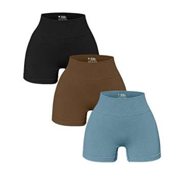 OQQ Women's 3 Piece Yoga Shorts Ribbed Seamless Workout High Waist Athletic Leggings Black Coffee Blue