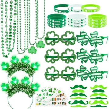 Amandir 107Pcs St. Patricks Day Party Favors Set Shamrock Glasses Necklaces Bracelets Tattoos St. Pa...