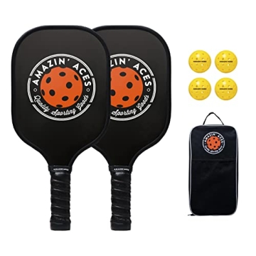 Amazin' Aces Classic Graphite Pickleball Paddles Set of 2 with 4 Pickleball Balls, Lightweight, Blac...