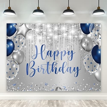 Riyidecor Royal Navy Blue Silver Happy Birthday Backdrop Party Decorations for Men Boys 7Wx5H Feet P...