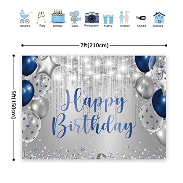Navy Blue Silver Happy Birthday Backdrop for Kids