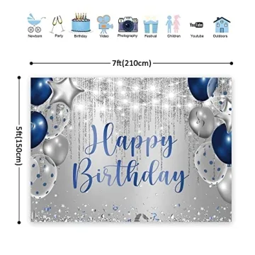 Navy Blue Silver Happy Birthday Backdrop for Kids